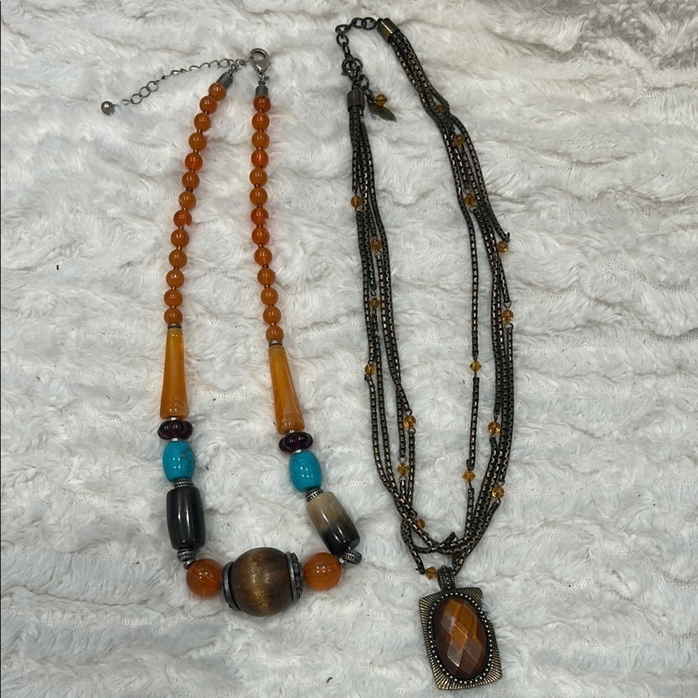 Vintage set of 2 necklaces Orange and Blue Bohemian Necklace & beaded pendant
